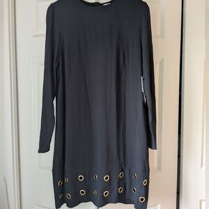 JustFab Black Long Sleeve Shift Dress Gold Grommet Eyelet Hem Mini NWT Large